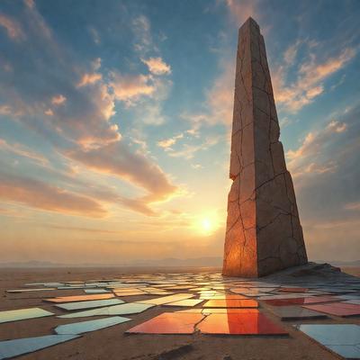 The primary subject of the image is a tall, stone pillar or monument, which stands out against the backdrop of a cloudy sky. The setting appears to be a desert-like environment, with a rocky surface visible beneath the monument. The visual style of the image is a combination of photo and digital art, creating a unique and intriguing scene. The colors and mood of the image are predominantly dark and moody, with the cloudy sky and the stone monument creating a sense of mystery and grandeur.